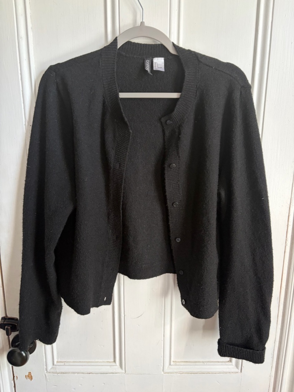 H&M Divided Womens L Black Cropped Cardigan Button Front Wool Blend Knit